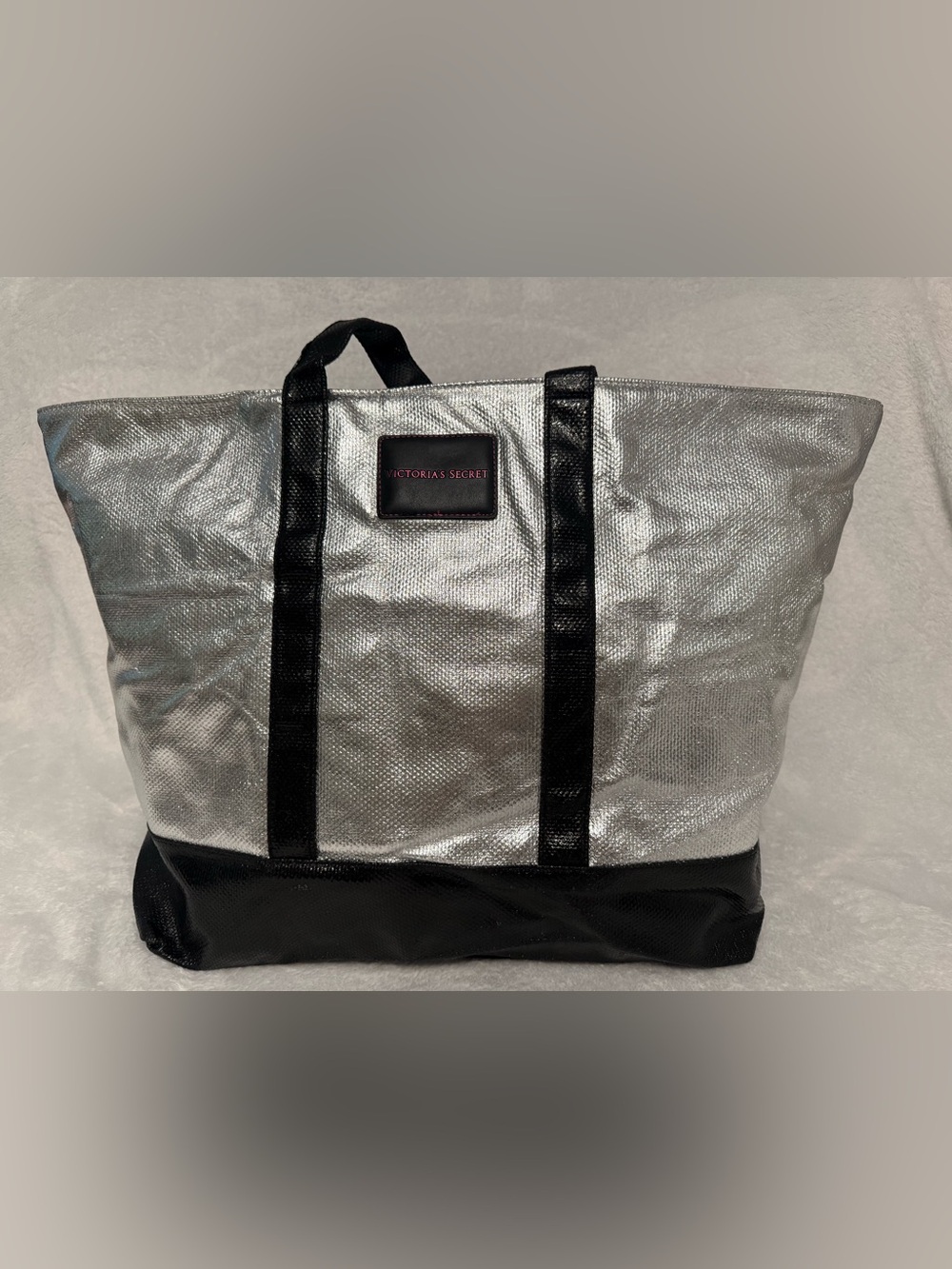 NWOT Victoria's Secret Silver Metallic Tote with Black Trim
